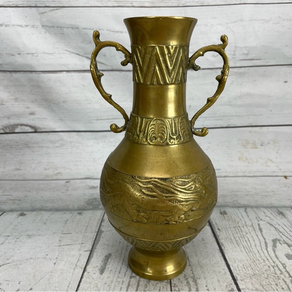 Accents Vintage Solid Brass Vase Dragon Relief Handles Amphora Raised